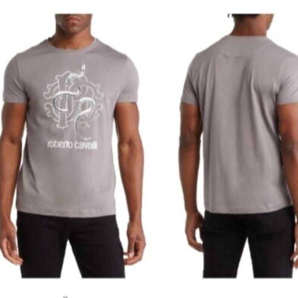 ROBERTO CAVALLI SNAKE GRAPHIC PRINT GREY CREW NECK T-SHIRT